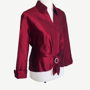 Talbots Red Silk Blouse Rhinestone embellished Tie Front Collar Button Cuff 10